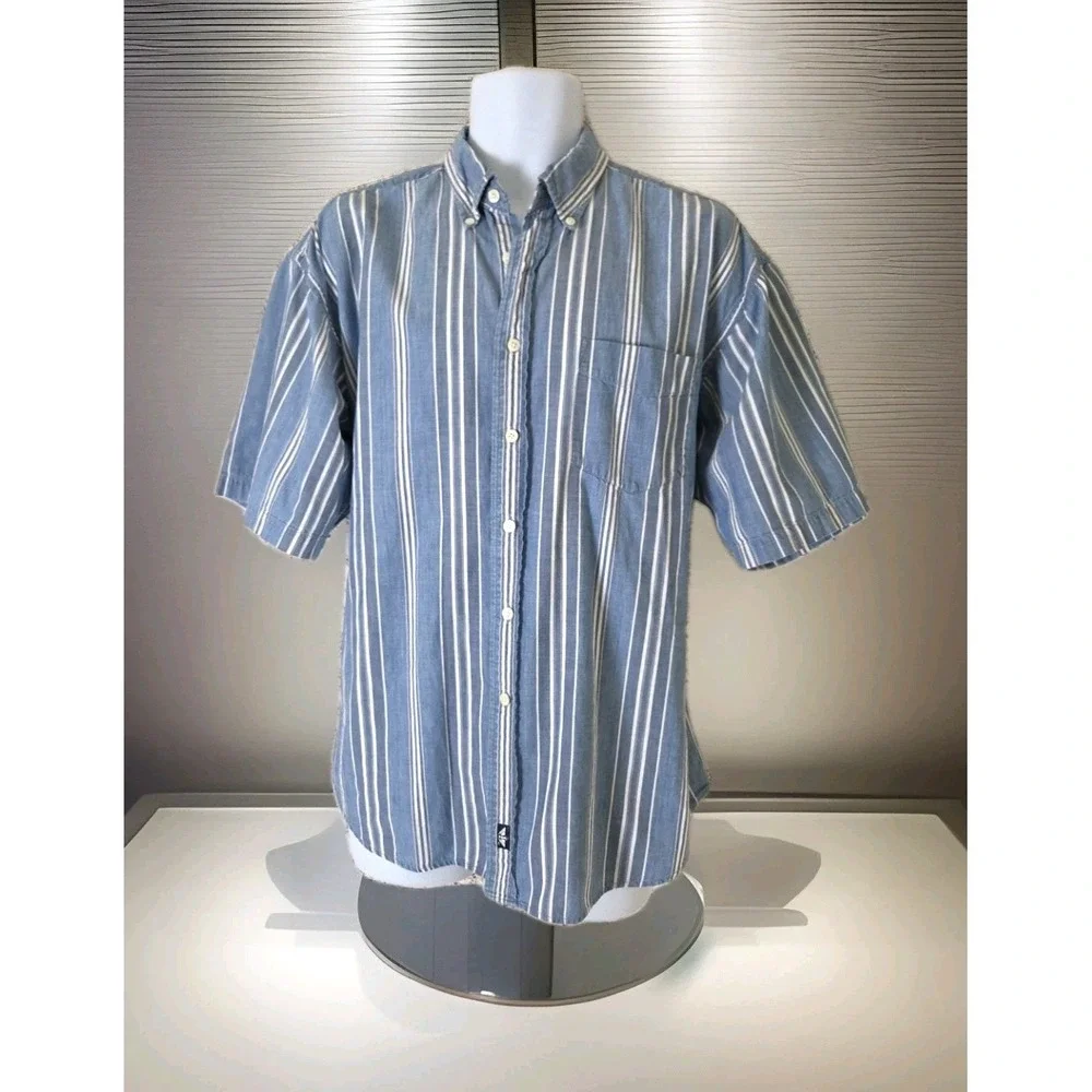 Levis Dockers Shirt‎ L Blue Striped Chambray Short Sleeve Button Down Collared